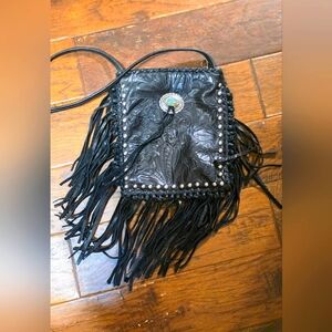 KurtMen Black Leather Crossbody Bag with Fringe and Turquoise
